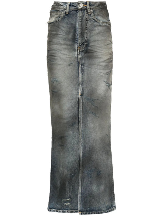 Distressed Denim Maxi Skirt
