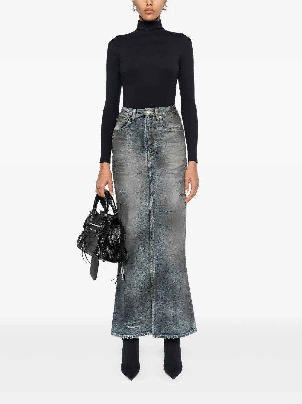 Distressed Denim Maxi Skirt