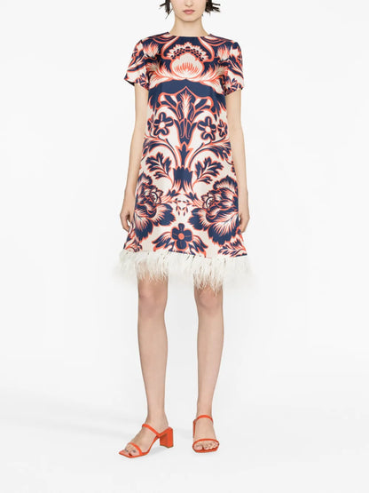 Floral-Print Feather-Trim Minidress