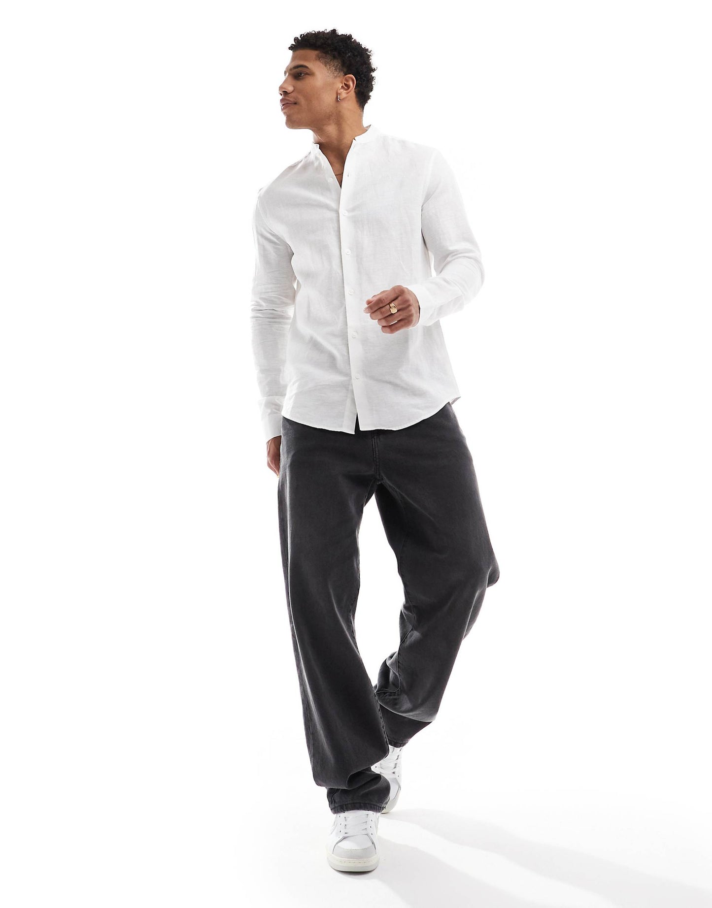 Regular Smart Linen Shirt With Mandarin Collar