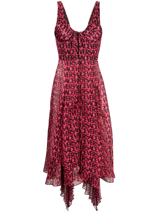 Logo-Print Asymmetric-Hem Silk Dress