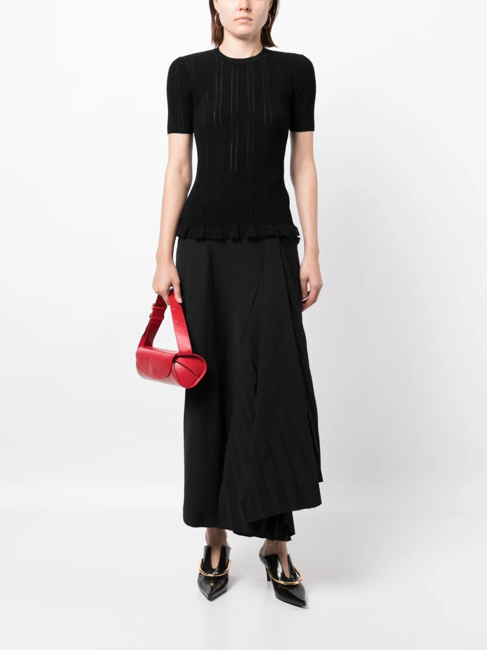 Ribbed Ruffle-Hem T-Shirt