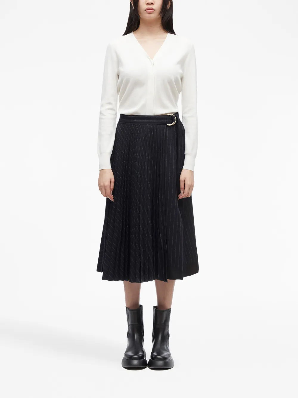 Belted Pleated Midi Skirt