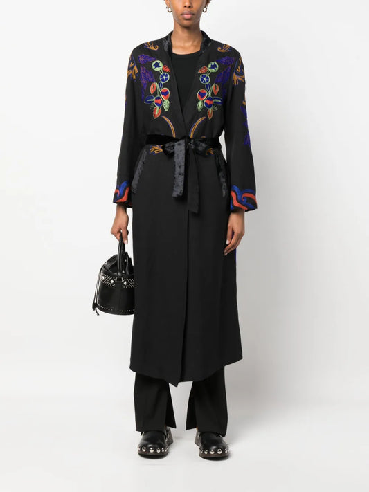 Embroidered Tied-Waist Virgin-Wool Coat