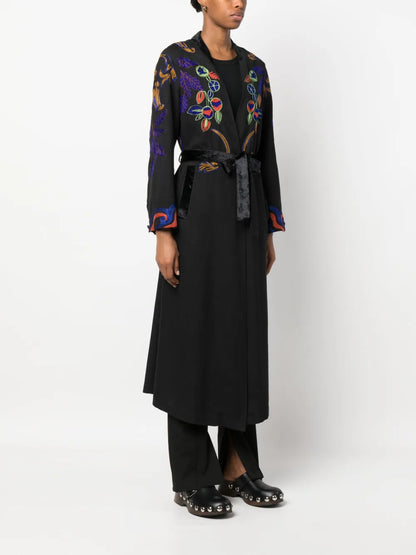 Embroidered Tied-Waist Virgin-Wool Coat