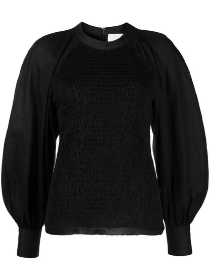 Puff-Sleeve Plissé Blouse