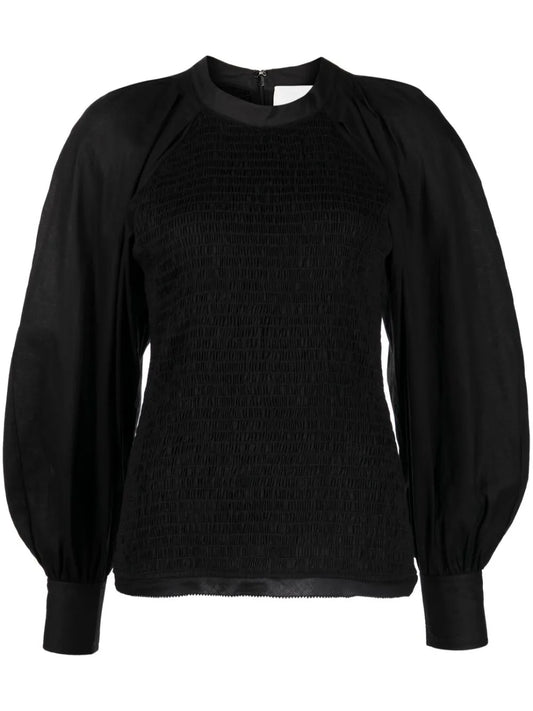 Puff-Sleeve Plissé Blouse