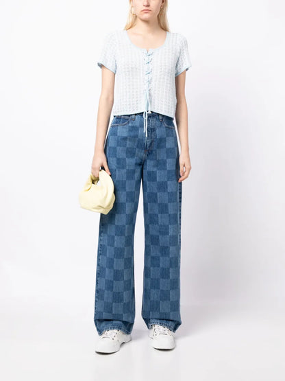 Checked Lace-Up Knitted Top