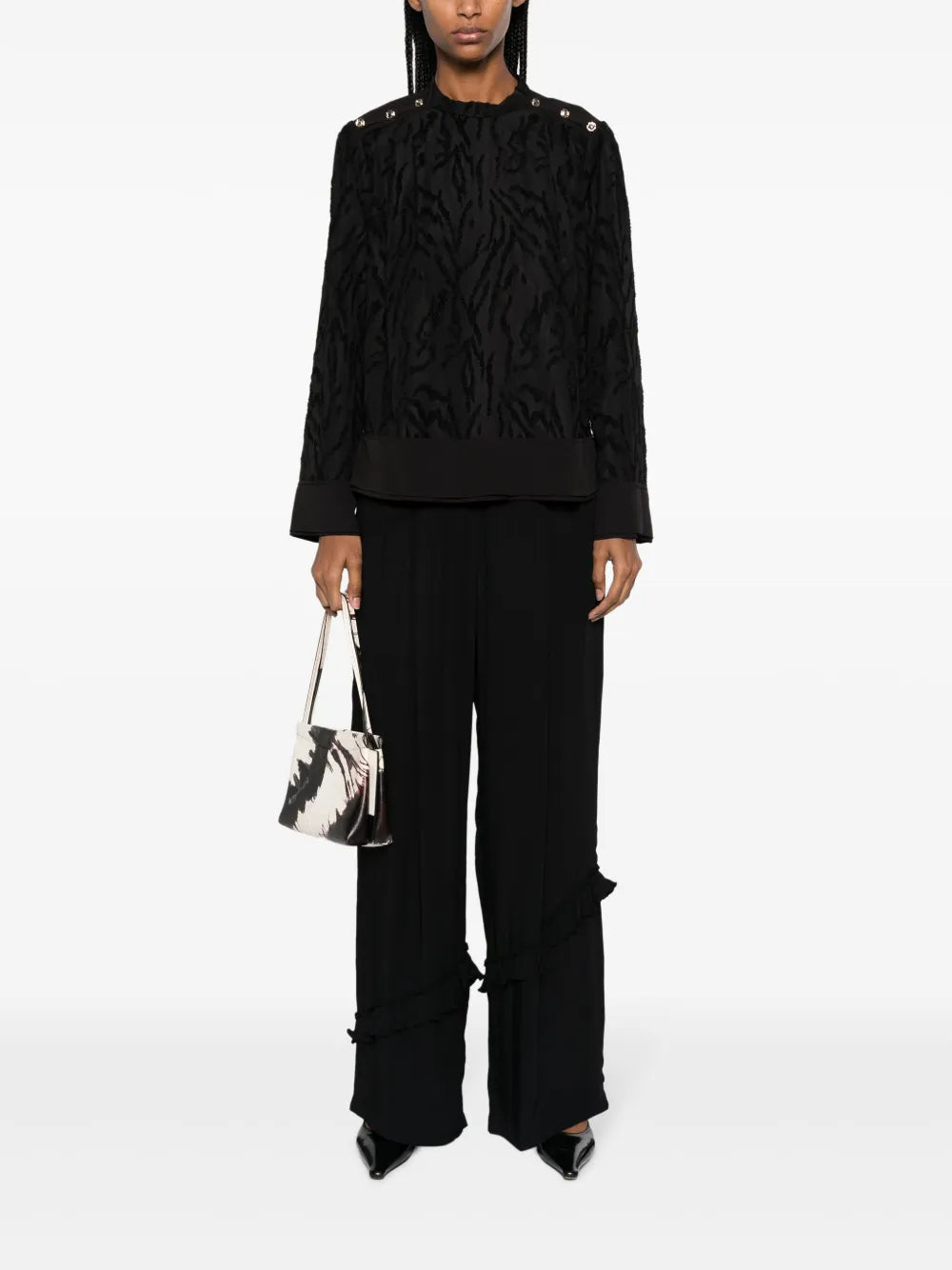 Shadow Vines Mock-Neck Jacquard Blouse