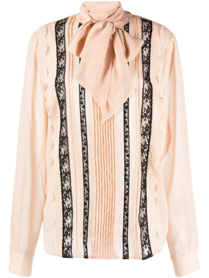 Attached-Scarf Floral-Lace Blouse