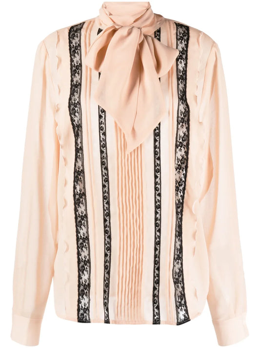 Attached-Scarf Floral-Lace Blouse