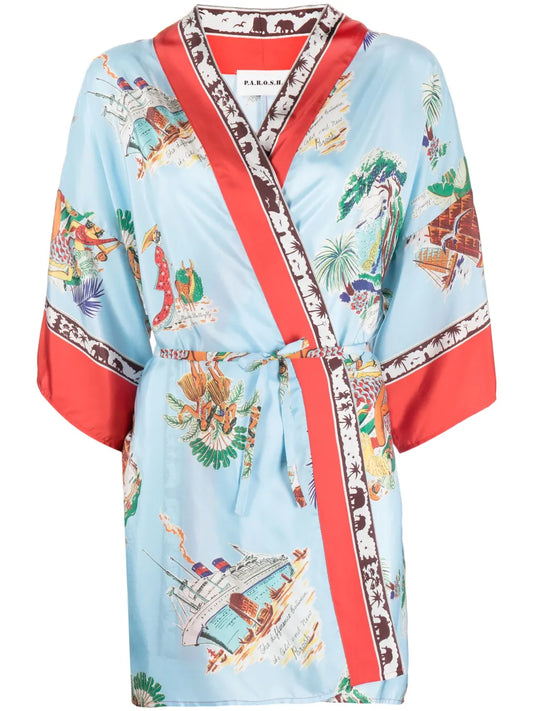 Graphic-Print Silk Poncho