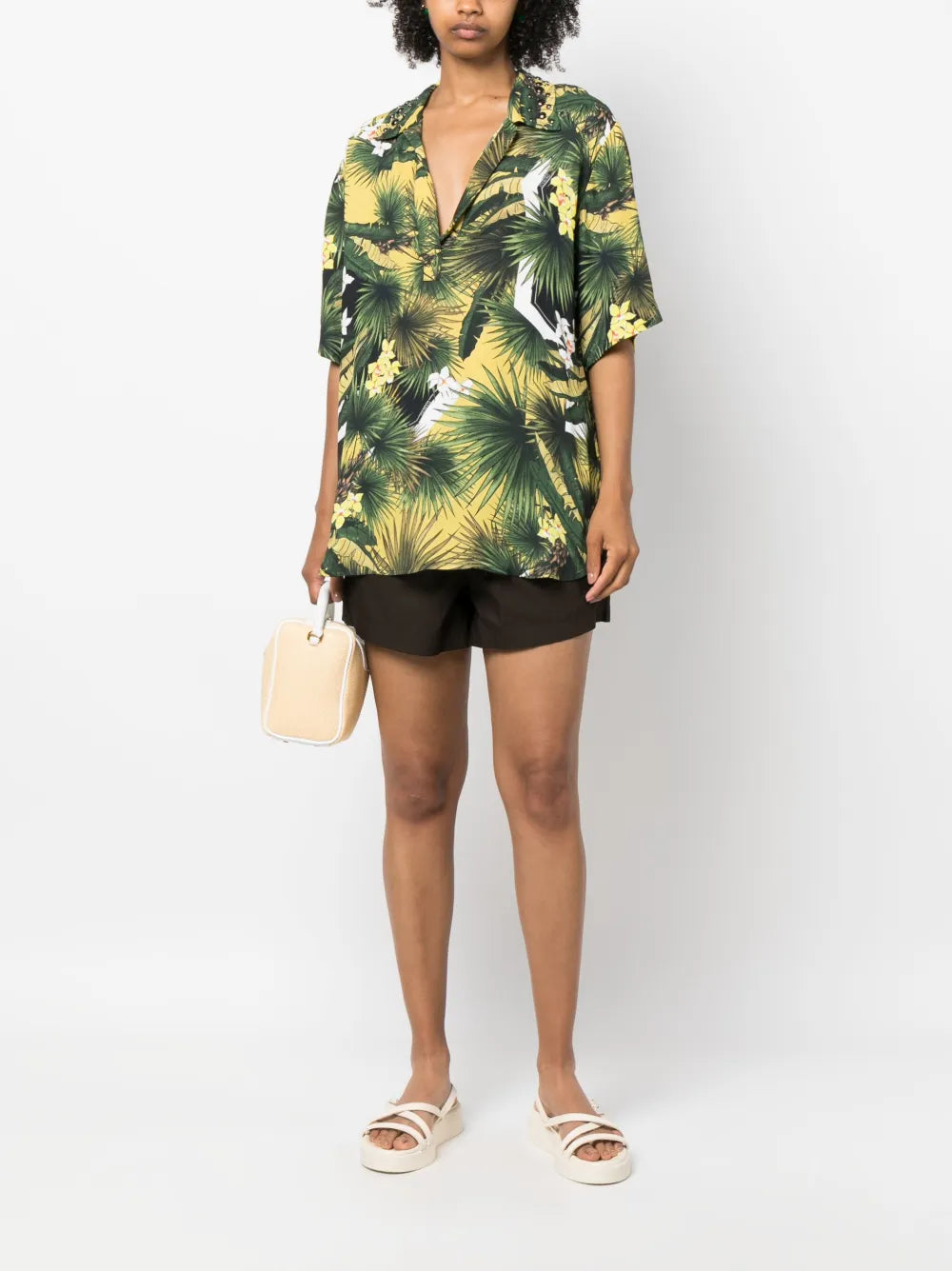 Botanical-Print V-Neck Shirt