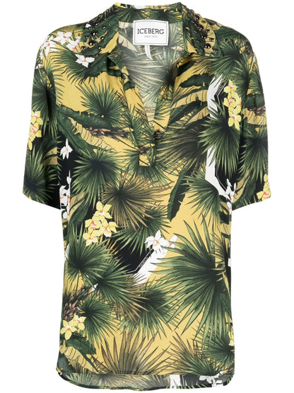 Botanical-Print V-Neck Shirt