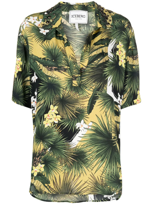 Botanical-Print V-Neck Shirt