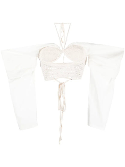 Draped-Sleeves Crochet-Knit Blouse