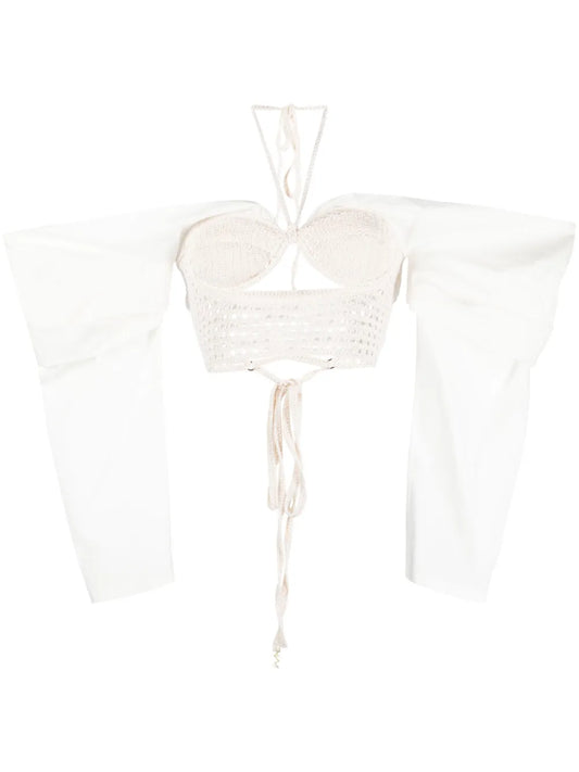 Draped-Sleeves Crochet-Knit Blouse