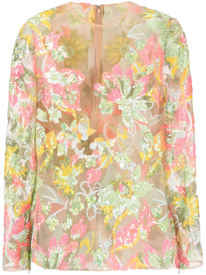 Sequin-Embellished Floral-Print Blouse