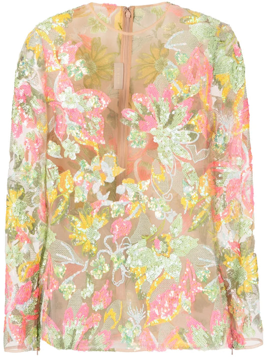 Sequin-Embellished Floral-Print Blouse