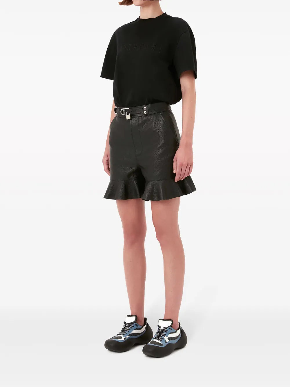 Padlock-Strap Ruffled Leather Shorts