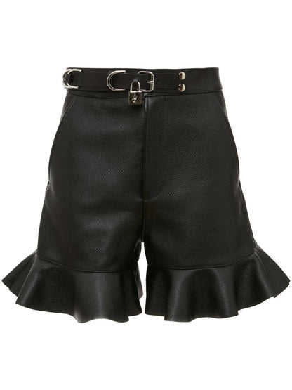 Padlock-Strap Ruffled Leather Shorts