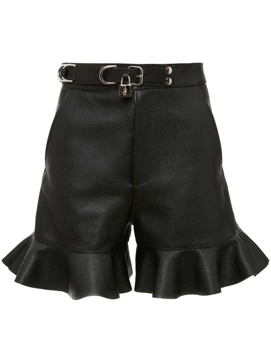 Padlock-Strap Ruffled Leather Shorts