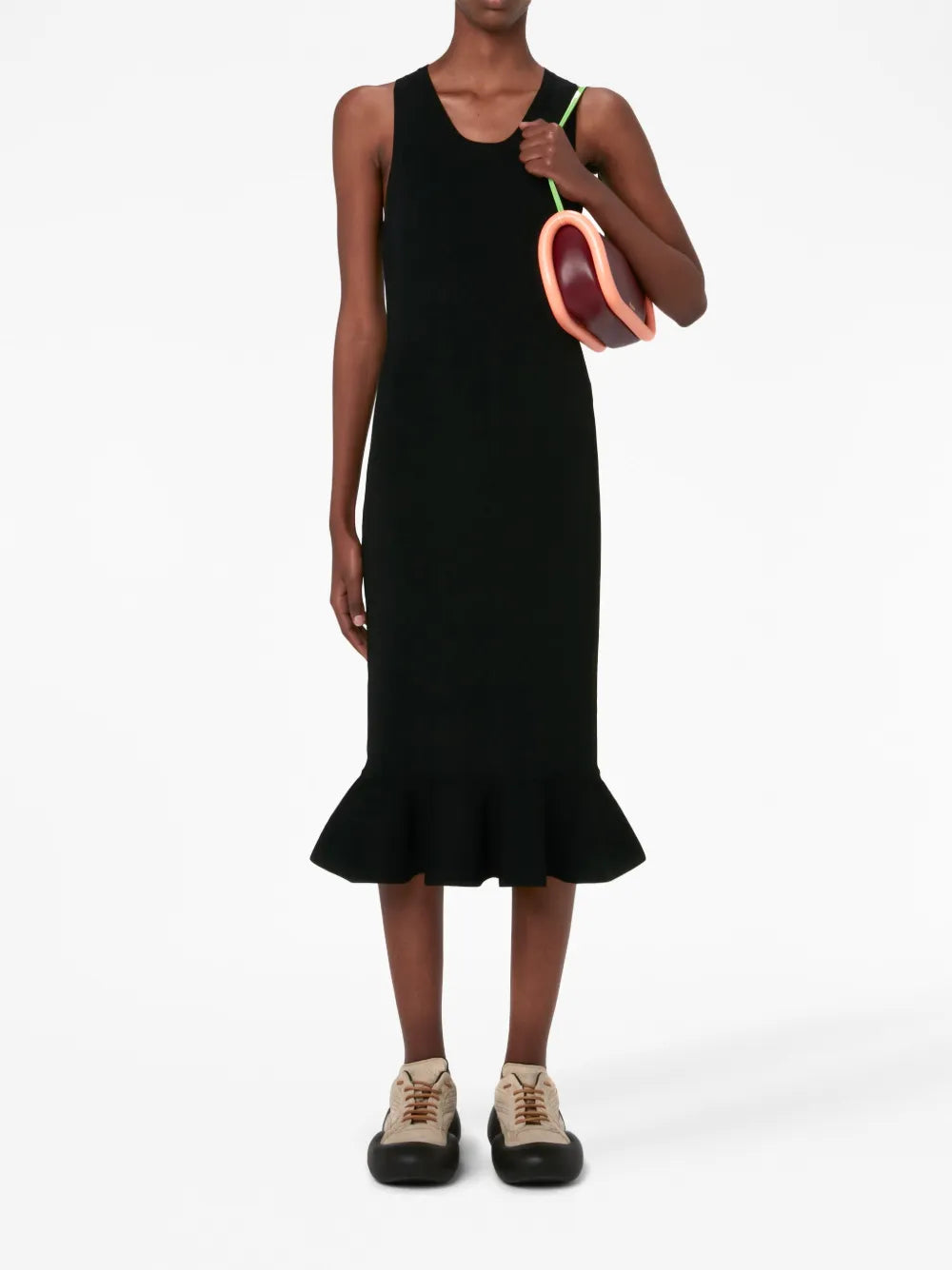 Ruffled-Trim Sleeveless Midi Dress