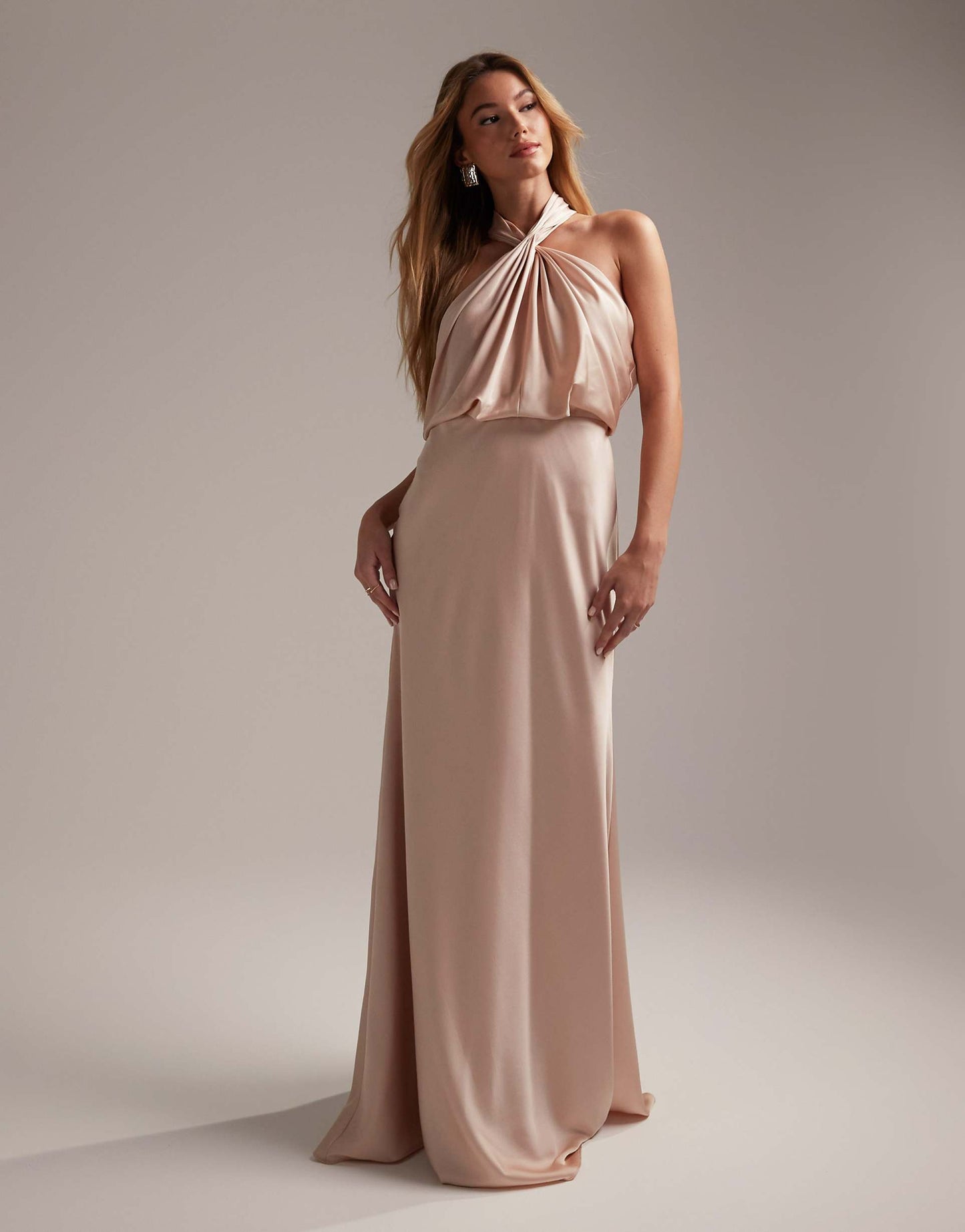 Bridesmaid Satin Ruched Halter Neck Maxi Dress