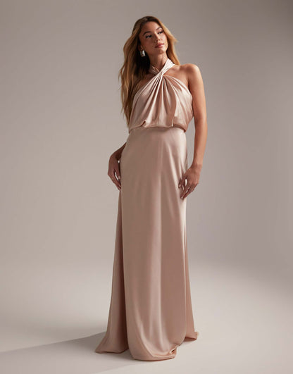 Bridesmaid Satin Ruched Halter Neck Maxi Dress