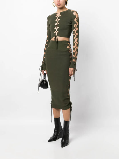Lace-Up Detailed Knitted Skirt