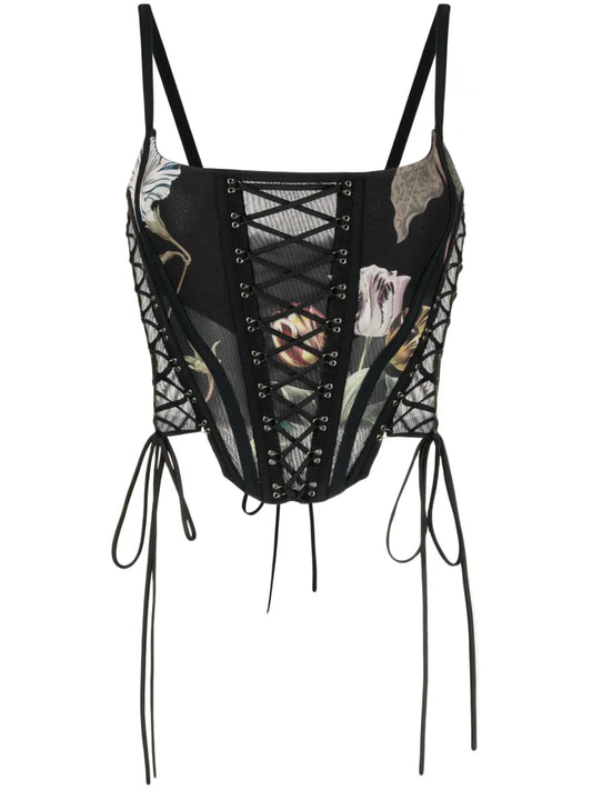 Graphic-Print Lace-Up Corset