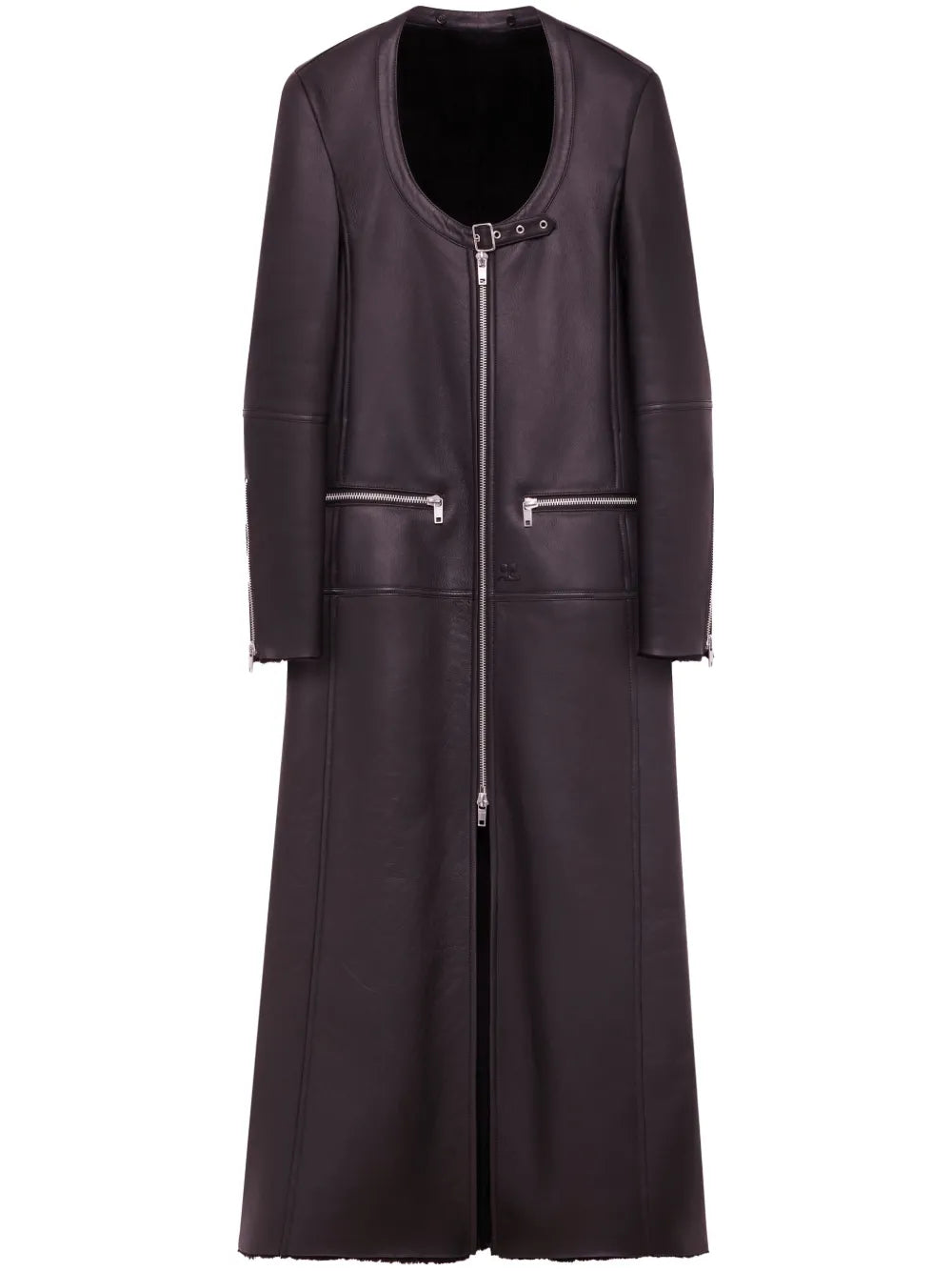 Scoop-Neck Panelled Leather Coat