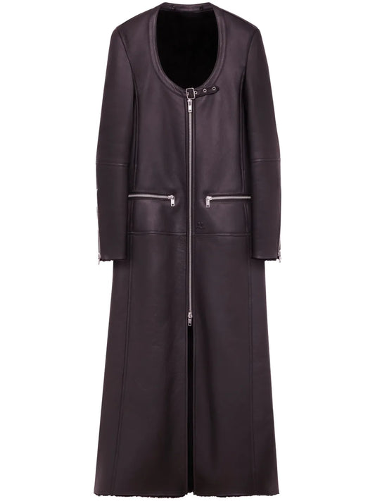 Scoop-Neck Panelled Leather Coat