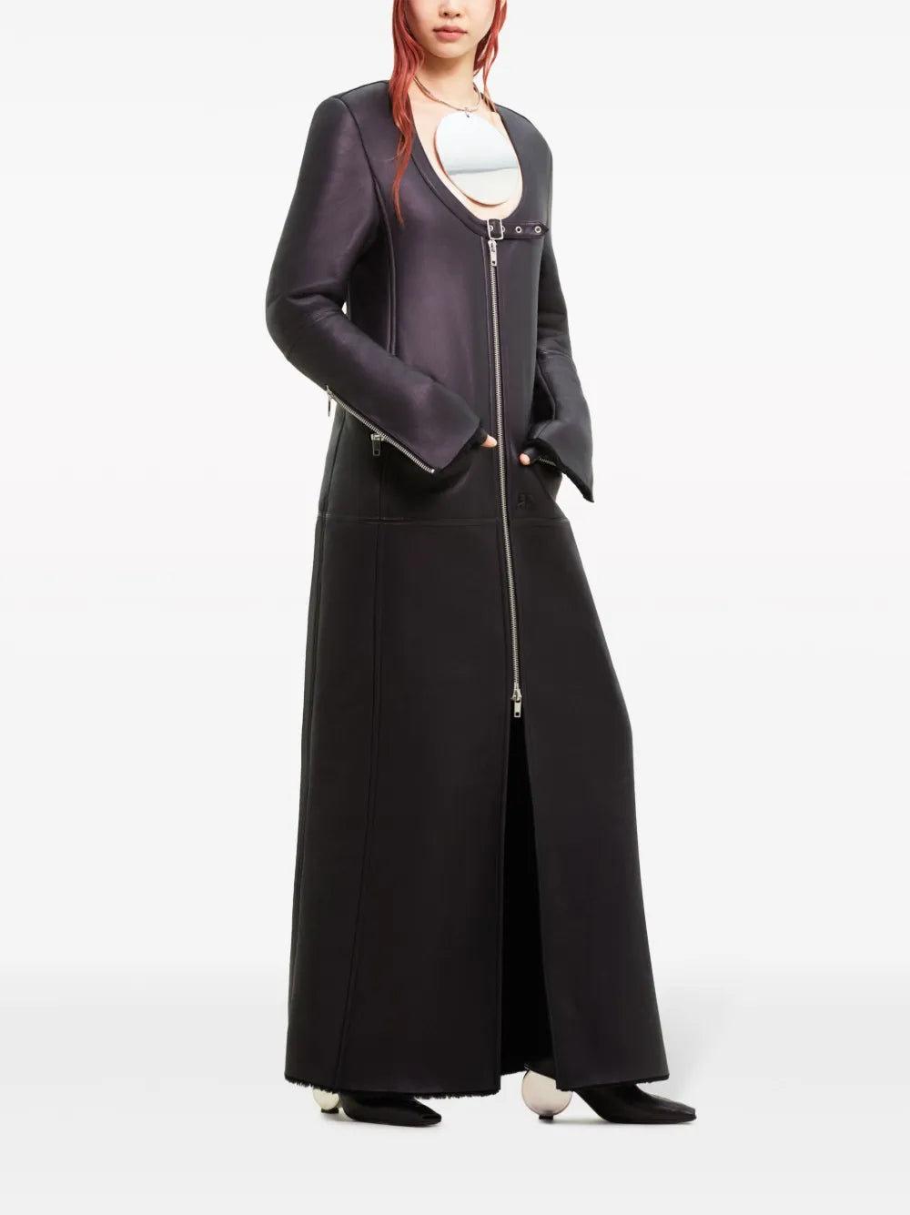 Scoop-Neck Panelled Leather Coat