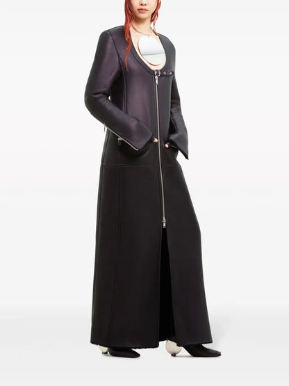 Scoop-Neck Panelled Leather Coat