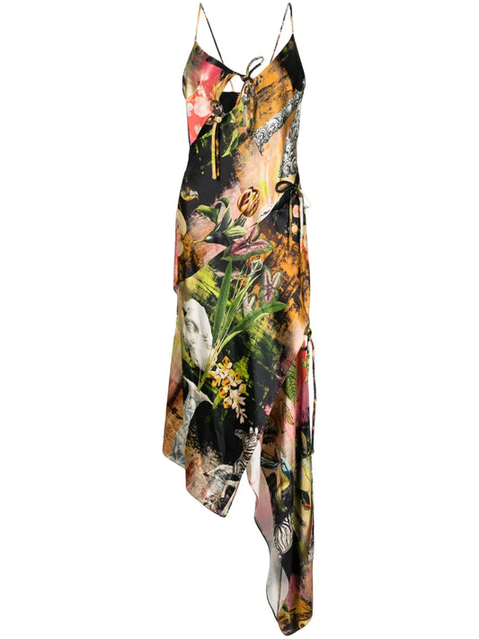 Graphic-Print Asymmetric Slip Dress