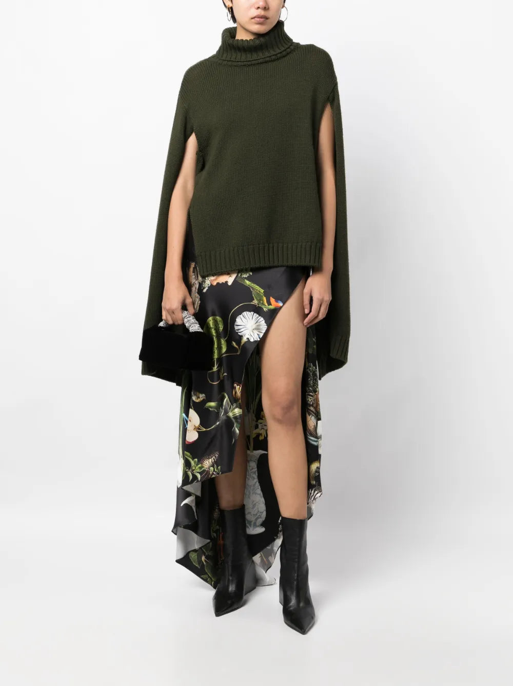 Botanical-Print Satin Draped Skirt