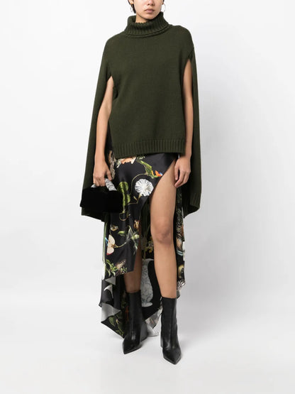 Botanical-Print Satin Draped Skirt