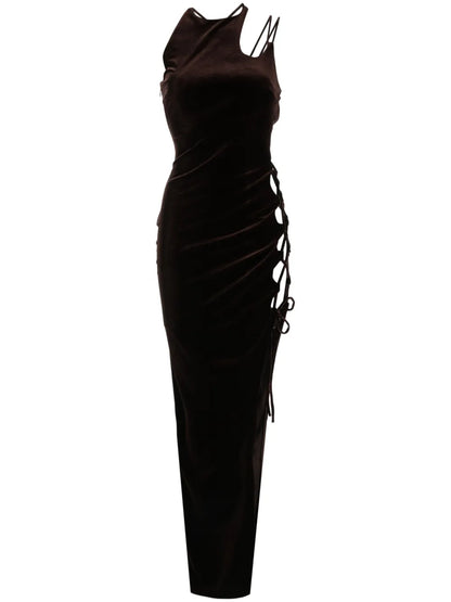 Lace-Up Detailind Velvet Maxi Dress