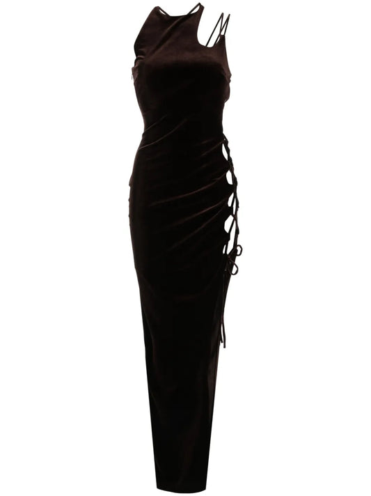 Lace-Up Detailind Velvet Maxi Dress