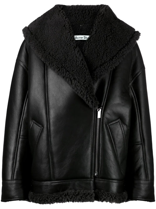Shearling-Lined Leather Biker Jacket