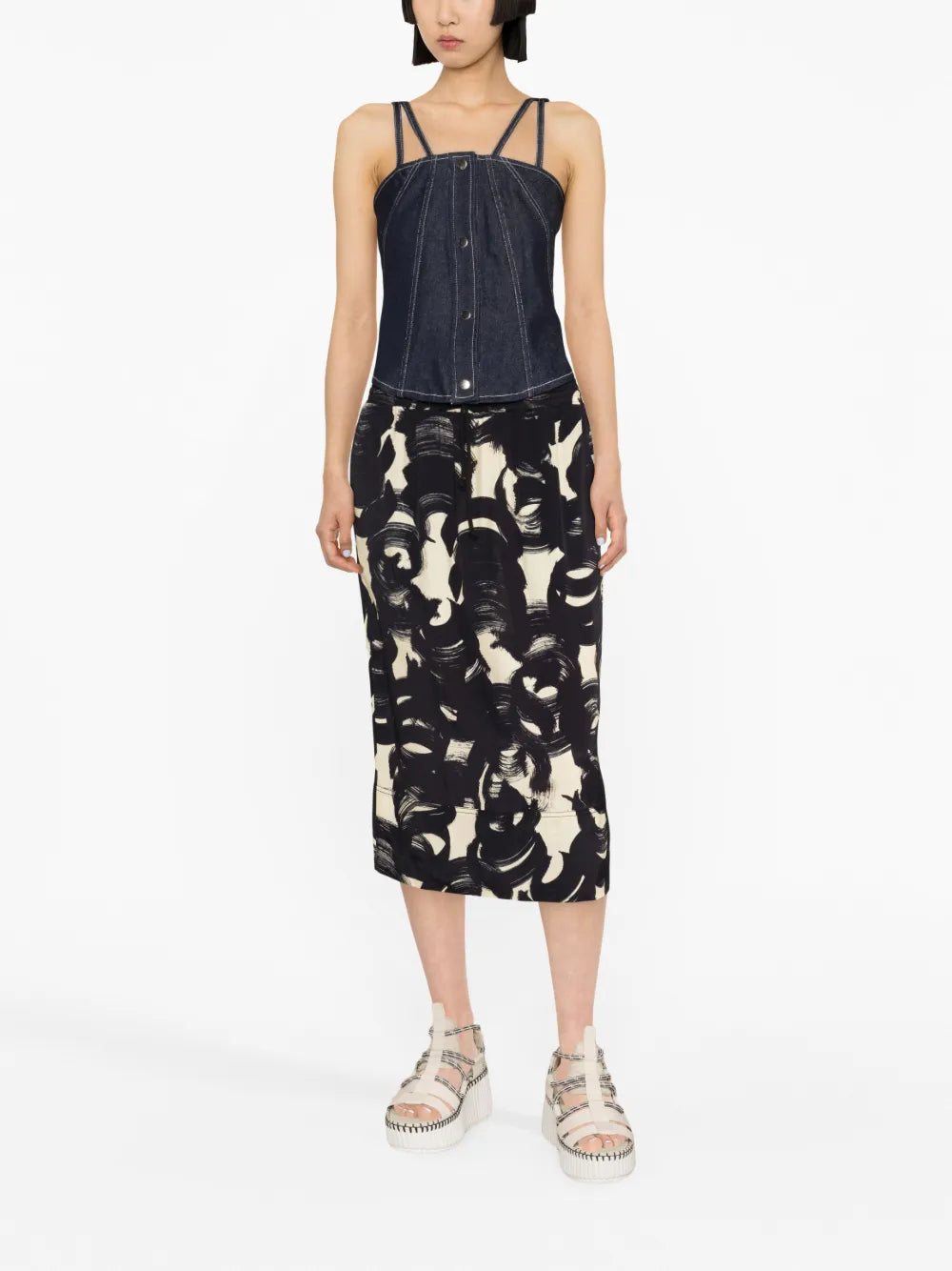 Brushstroke-Print Straight Midi Skirt
