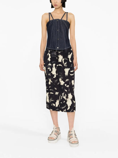 Brushstroke-Print Straight Midi Skirt