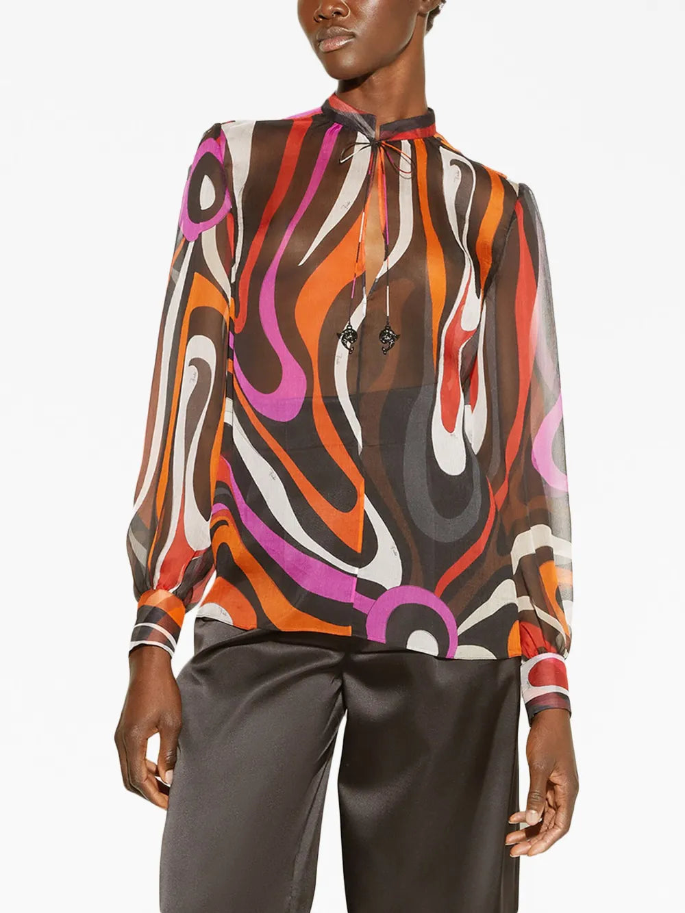 Wave-Print Silk Blouse