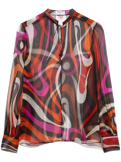 Wave-Print Silk Blouse