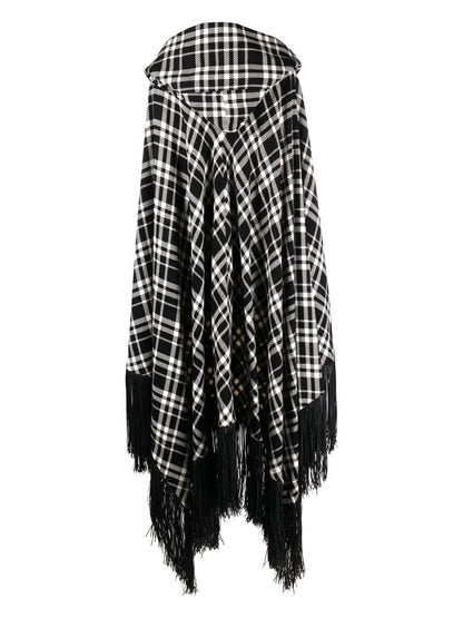 Frayed-Hem Plaid Hooded Cape