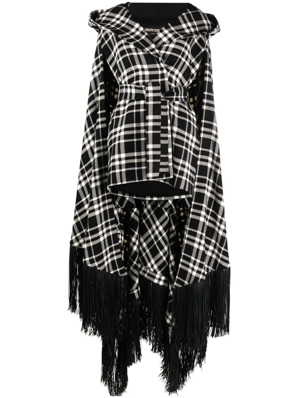 Frayed-Hem Plaid Hooded Cape