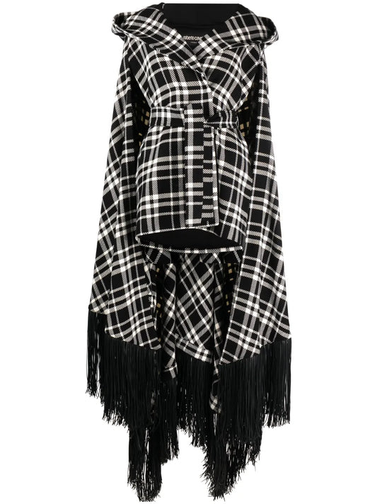 Frayed-Hem Plaid Hooded Cape