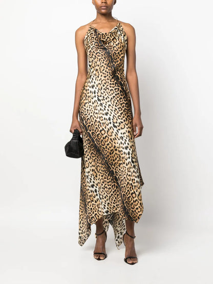 Asymmetric-Hem Cowl-Neck Silk Dress