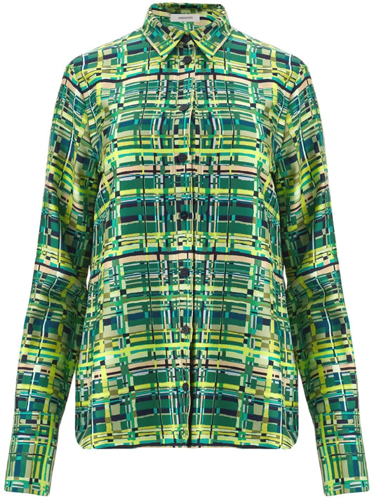 Long-Sleeved Checkered Silk Shirt